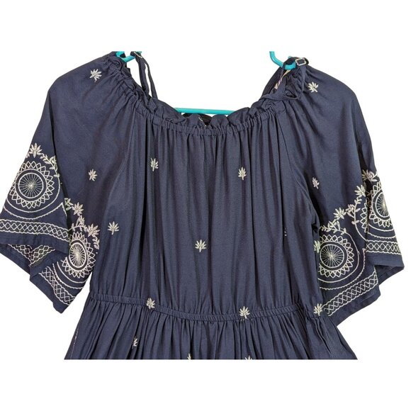 World Market Women size S/M Embroidered Gauzy Beachy Navy Dress Off Shoulder - Picture 10 of 11